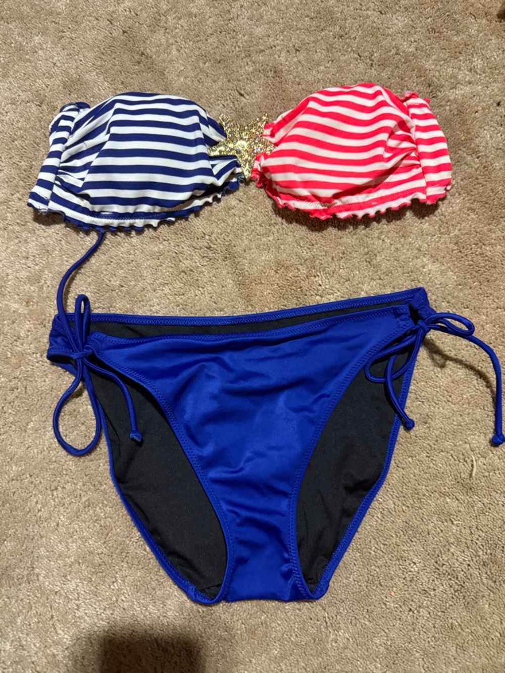 Striped Push-Up Bikini Top and Royal Blue Tie-Side Bottoms - Pink/Blue